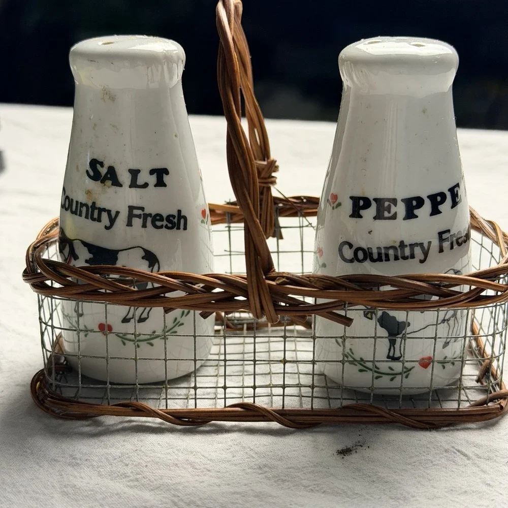 Vintage Holstein Cow Salt & Pepper Shakers Milk Bottle Shaped Country W/ Caddy.